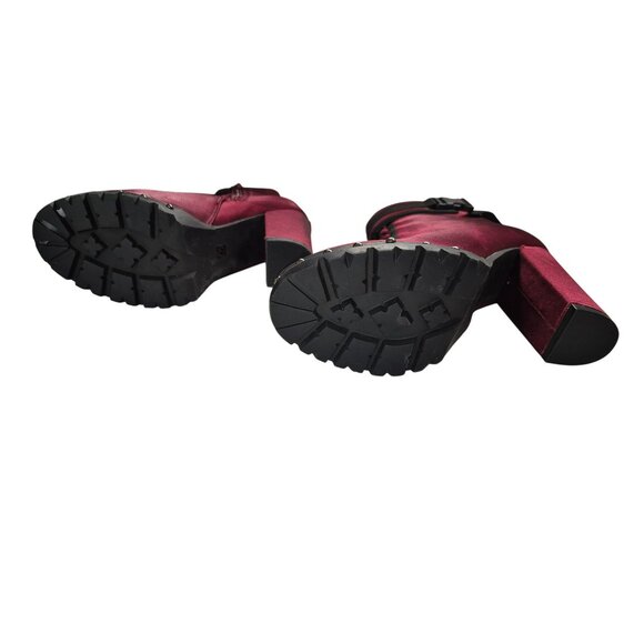 Burgundy Satin High-Heel Combat Boots Studded Soles Womens Size 7 - Picture 7 of 7